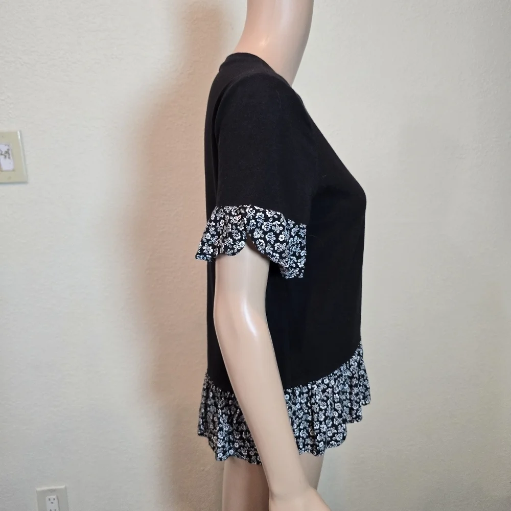Kate Spade Women's Black Ruffle-Hem Short Sleeve Top Xs